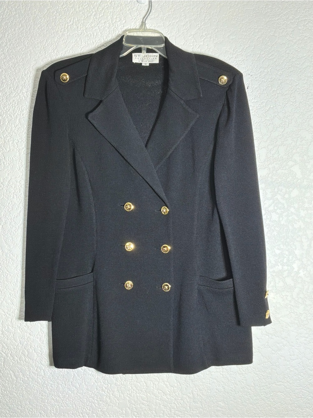 St. John Collection Black Double-Breasted Ponte Blazer with Gold Buttons Size 14